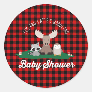 Pegatina Redonda Woodland Lumberjack Baby Shower Animales Red Plaid