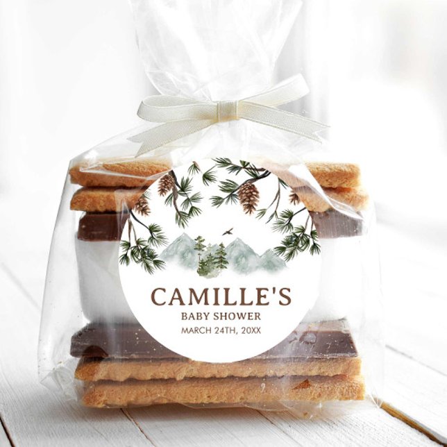 Pegatina Redonda Woodland Mountains Boy Baby Shower (Mountain Forest Baby Shower favor round sticker)