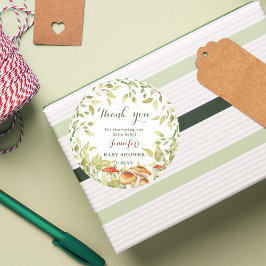 Pegatina Redonda Woodland Mushroom Baby Shower Gracias