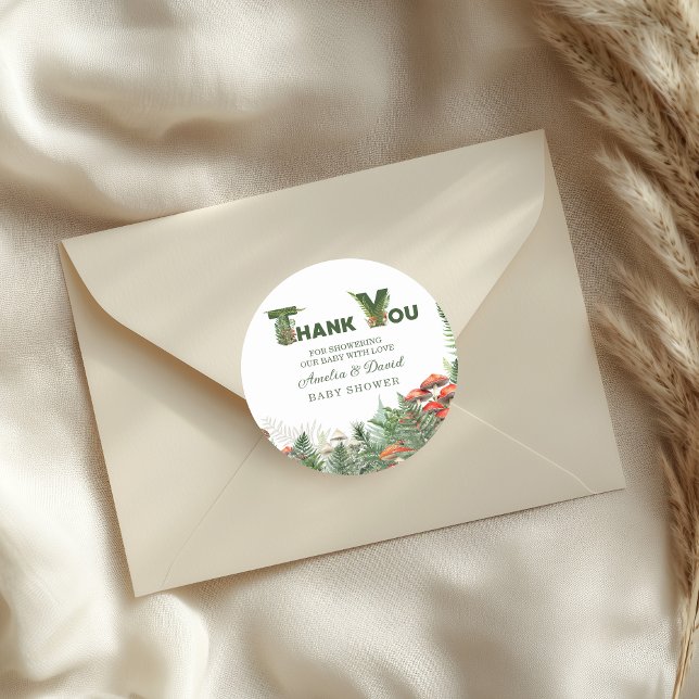 Pegatina Redonda Woodland Mushroom & Fern Baby Shower Thank You (Subido por el creador)