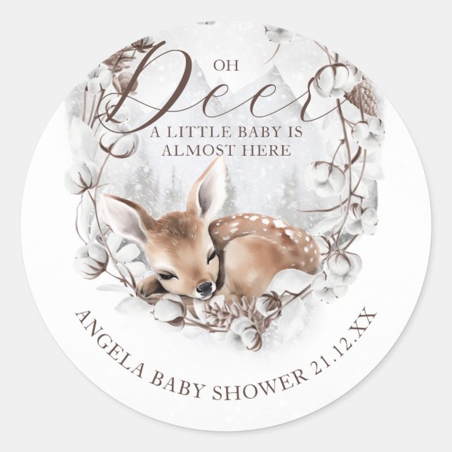 Pegatina Redonda Woodland Oh Deer Winter Baby Shower (Anverso)