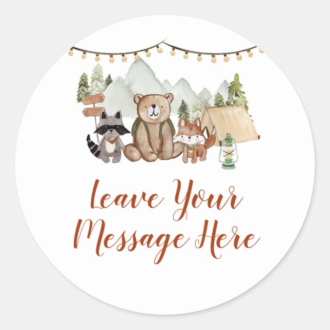 Pegatina Redonda Woodland One Happy Camper Cumpleaños Tu Mensaje (Anverso)