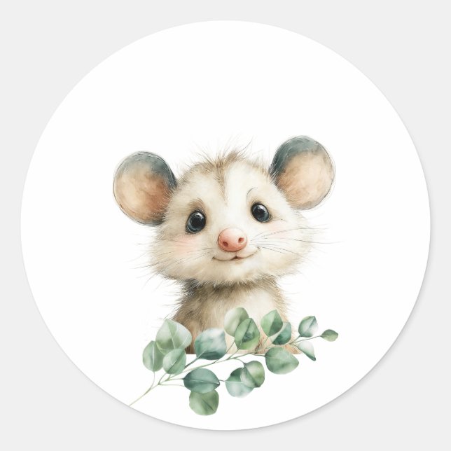Pegatina Redonda Woodland Opossum Baby Shower • Neutral (Anverso)