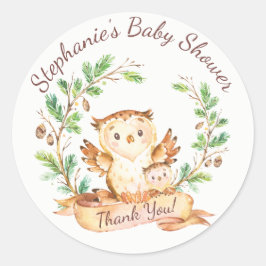 Pegatina Redonda Woodland Owl Baby Shower Gracias Por Favor Pegatin