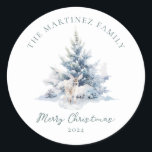 Pegatina Redonda Woodland Pine Forest Deer Merry Christmas<br><div class="desc">Un bonito ciervo está escondido en ramas de pino de invierno. Más abajo se escribe un guión sencillo para Feliz Navidad,  con una línea más abajo para personalizar la medida. Se puede editar todo el texto de esta tarjeta.</div>