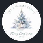 Pegatina Redonda Woodland Pine Forest Deer Merry Christmas<br><div class="desc">Un bonito ciervo está escondido en ramas de pino de invierno. Más abajo se escribe un guión sencillo para Feliz Navidad,  con una línea más abajo para personalizar la medida. Se puede editar todo el texto de esta tarjeta.</div>