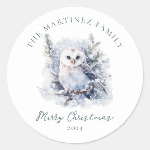 Pegatina Redonda Woodland Pine Forest Owl Feliz Navidad