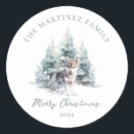 Pegatina Redonda Woodland Pine Forest Wolf Merry Christmas<br><div class="desc">Un lobo bebé está escondido en un pinar de invierno. Más abajo se escribe un guión sencillo para Feliz Navidad,  con una línea más abajo para personalizar la medida. Se puede editar todo el texto de esta tarjeta. Hay un mensaje de Navidad que puede personalizar en la parte posterior.</div>