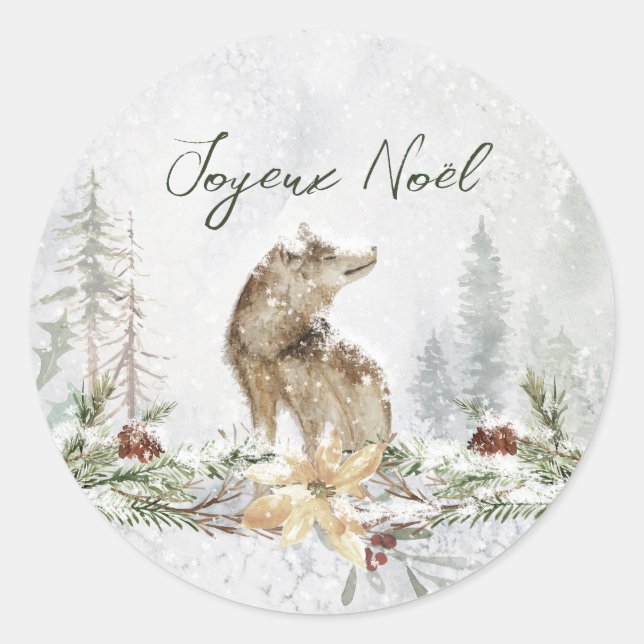 Pegatina Redonda Woodland Scene Wolf French Merry Christmas Pegatin (Anverso)