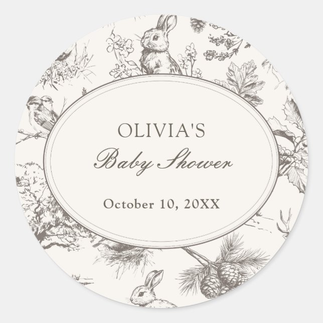 Pegatina Redonda Woodland Sketch Allover Print Baby Shower (Anverso)