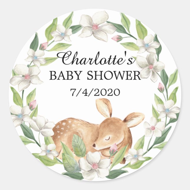 Pegatina Redonda Woodland Sweet Deer Baby Shower (Anverso)