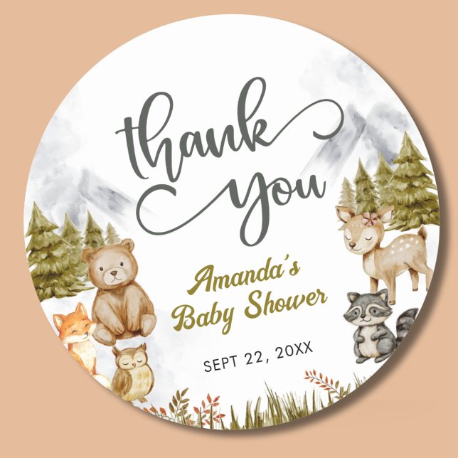 Pegatina Redonda Woodland Thank You Forest Animals Baby Shower (Subido por el creador)