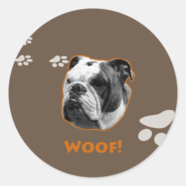 Pegatina Redonda Woof, Bulldog inglés (Anverso)