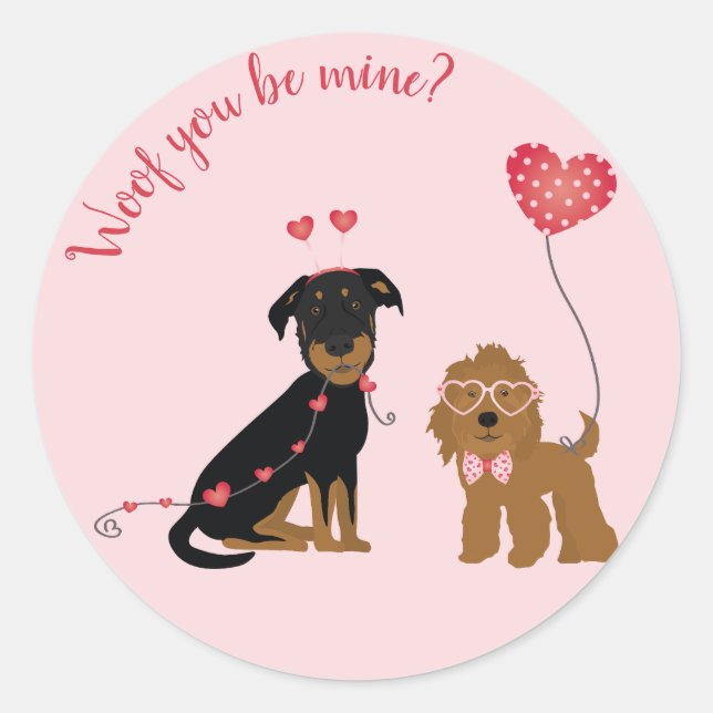 Pegatina Redonda Woof You Be Mine Valentine Dogs (Anverso)