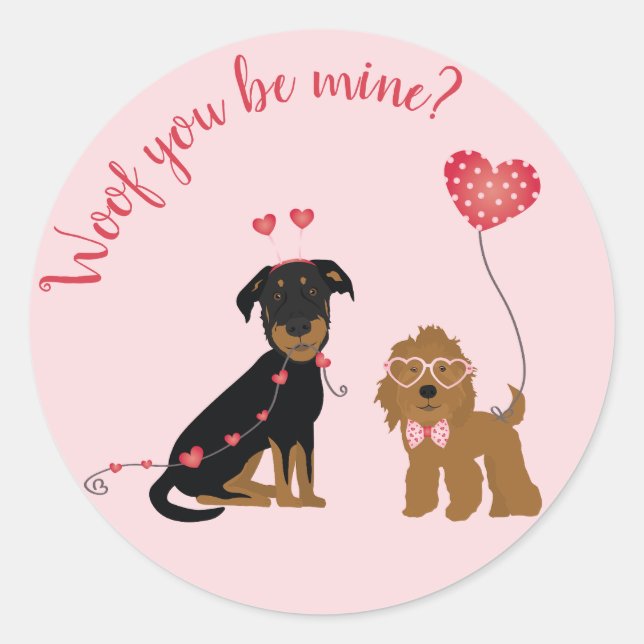 Pegatina Redonda Woof You Be Mine Valentine Dogs (Anverso)