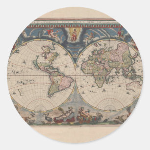 Pegatina Redonda World Map Globe Travel Antiguo