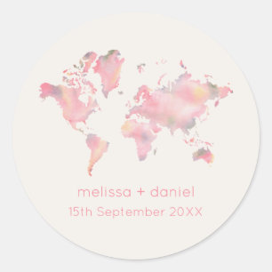 Pegatina Redonda World Map in Pink Shades for Destination Wedding