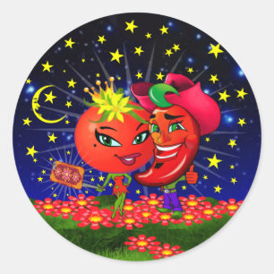 Pegatina Redonda WQ PEGATINAS : Tomate Saucy y Scott Hot Pepper