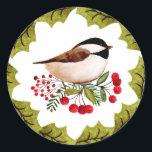 Pegatina Redonda Wreath Chickadee Christmas Sticker<br><div class="desc">Wreath Chickadee Christmas Sticker</div>