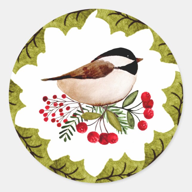 Pegatina Redonda Wreath Chickadee Christmas Sticker (Anverso)