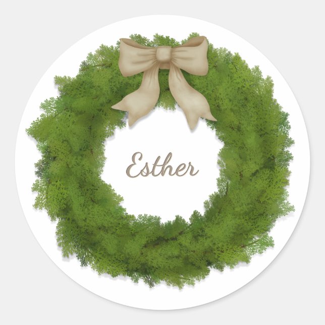 Pegatina Redonda Wreath Cypress con nombre personalizado Bow o salu (Anverso)