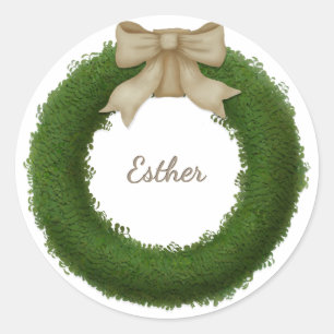 Pegatina Redonda Wreath de Boxwood con nombre personalizado de Bow 