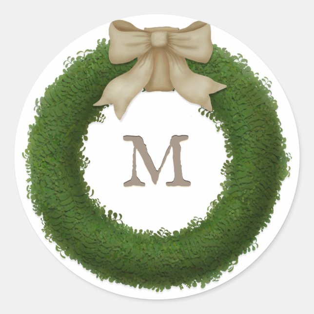 Pegatina Redonda Wreath De Boxwood Con Personalizado De Bow Rústico (Anverso)