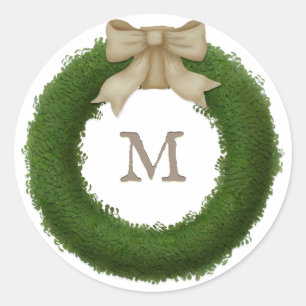 Pegatina Redonda Wreath De Boxwood Con Personalizado De Bow Rústico