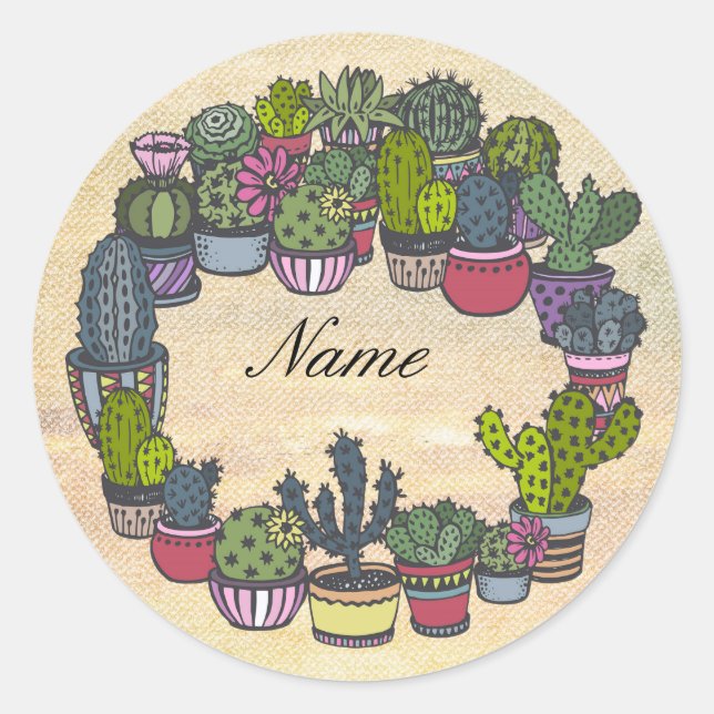 Pegatina Redonda Wreath de Cactus personalizado (Anverso)