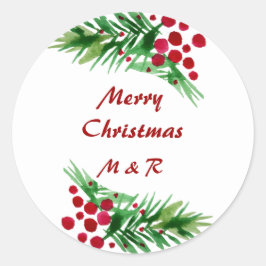 Pegatina Redonda Wreath de color de agua pintada a mano, bayas roja