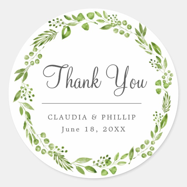 Pegatina Redonda Wreath de hojas de oliva verde rustica gracias Bod (Anverso)