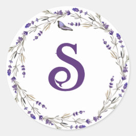 Pegatina Redonda Wreath de lavanda con monograma inicial