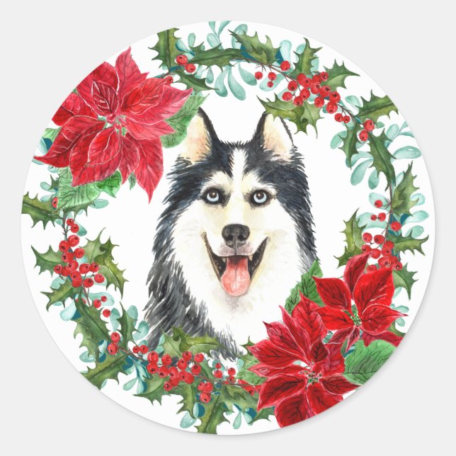 Pegatina Redonda Wreath de los Navidades Siberian Husky Poinsettia  (Anverso)