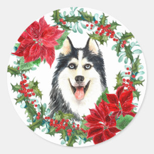 Pegatina Redonda Wreath de los Navidades Siberian Husky Poinsettia 
