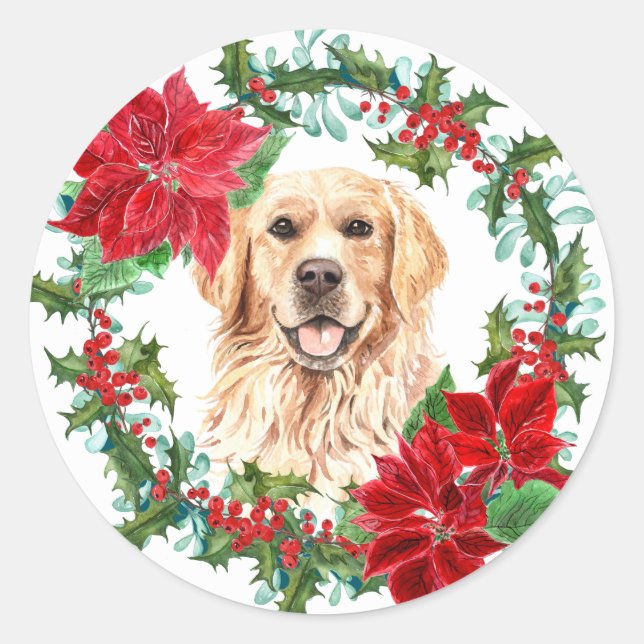 Pegatina Redonda Wreath de Navidades de Golden Retriever Poinsettia (Anverso)
