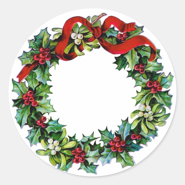 Pegatina Redonda Wreath de navidades de Holly e MIstletoe (Anverso)