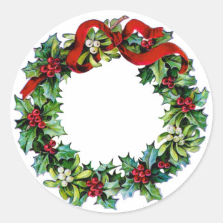 Pegatina Redonda Wreath de navidades de Holly e MIstletoe