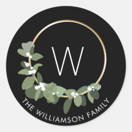 Pegatina Redonda Wreath de Navidades modernos | Monograma | apellid