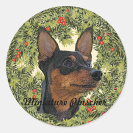 Pegatina Redonda Wreath de Pinscher en miniatura