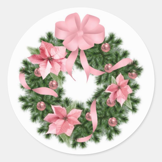 Pegatina Redonda Wreath de Poinsetta rosa (Anverso)