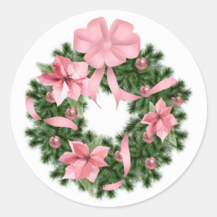 Pegatina Redonda Wreath de Poinsetta rosa