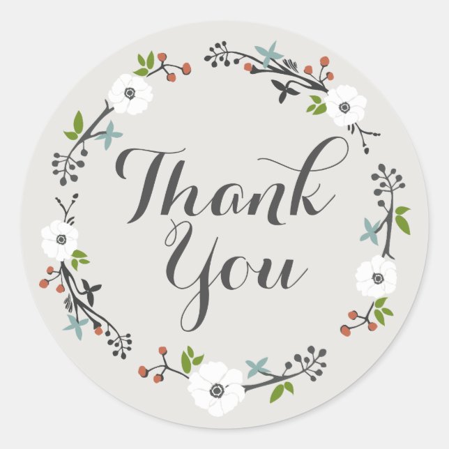 Pegatina Redonda Wreath de rama floral blanca | Gracias Sticker (Anverso)