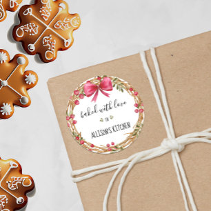 Pegatina Redonda Wreath de vacaciones acuarelas horneadas con amor