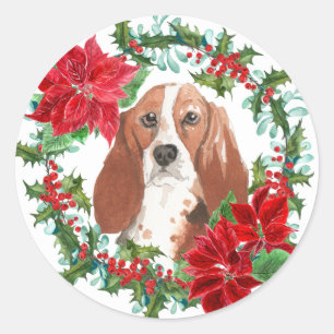 Pegatina Redonda Wreath de vacaciones de poinsettia de color basset