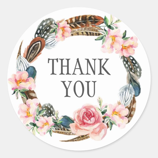 Pegatina Redonda Wreath floral acuarela con plumas | Gracias (Anverso)