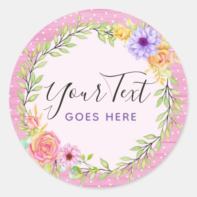 Pegatina Redonda Wreath floral caprichoso y madera rosada rústica G (Anverso)