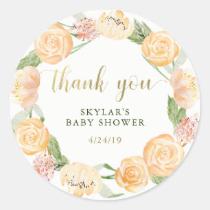 Pegatina Redonda Wreath floral de acuarela dorada   Baby Shower