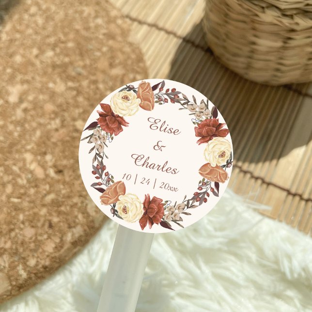 Pegatina Redonda Wreath floral de la boda de otoño (Fall Rustic Boho Wedding Sticker, Gift Label, Round sticker.)