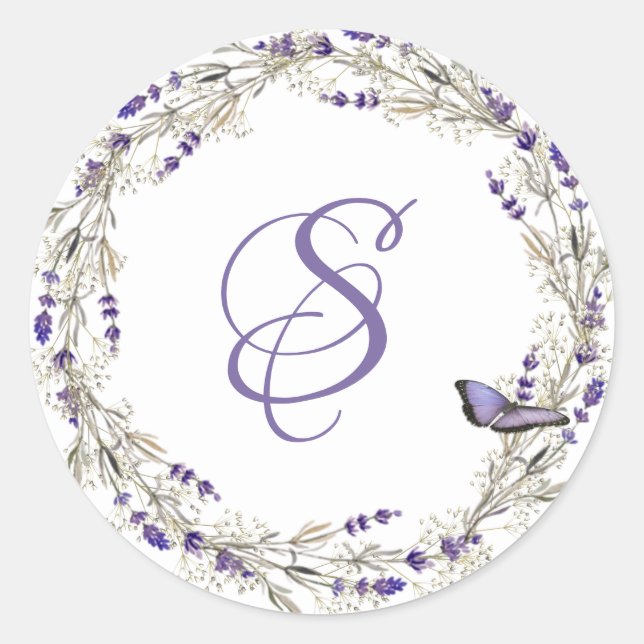 Pegatina Redonda Wreath Lavender con monograma (Anverso)