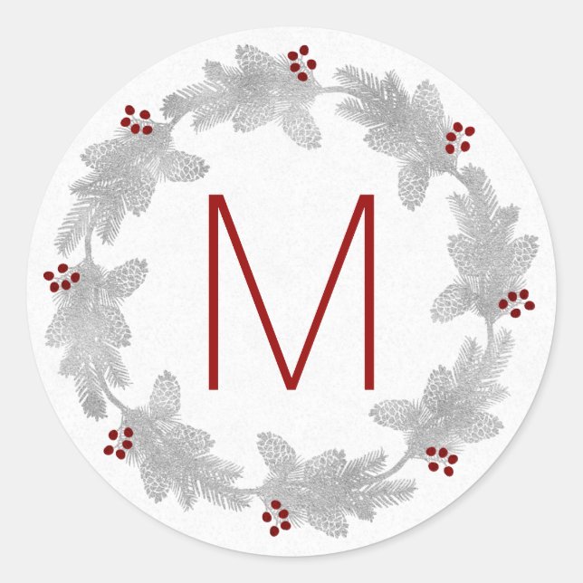 Pegatina Redonda Wreath Monogramada de Plata y Pino Rojo (Anverso)